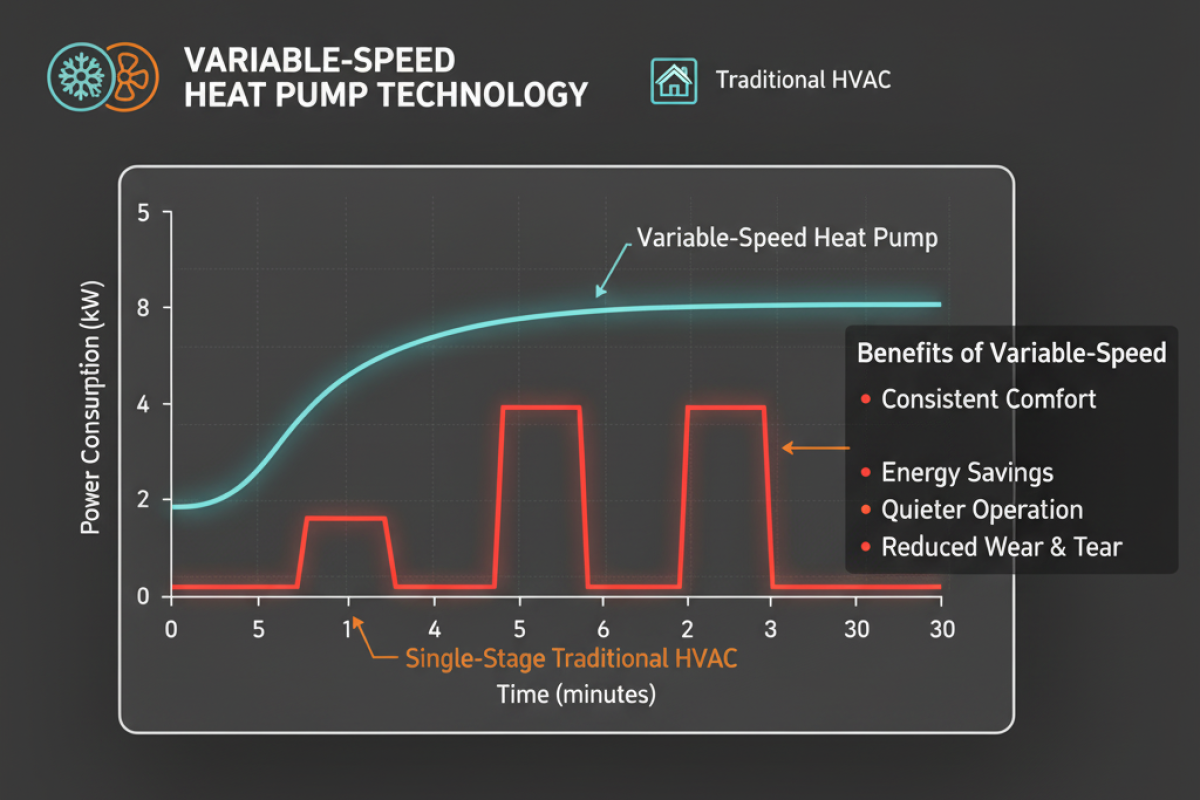 High-Efficiency Inverter Heat Pump Technology Diagram of variable-speed heat pump technology showing a smooth, consistent power curve compared to the start-stop cycle of older HVAC units.